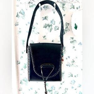 Vintage Black Leather Shoulder Bag Woven Trim Boho Western Style Purse